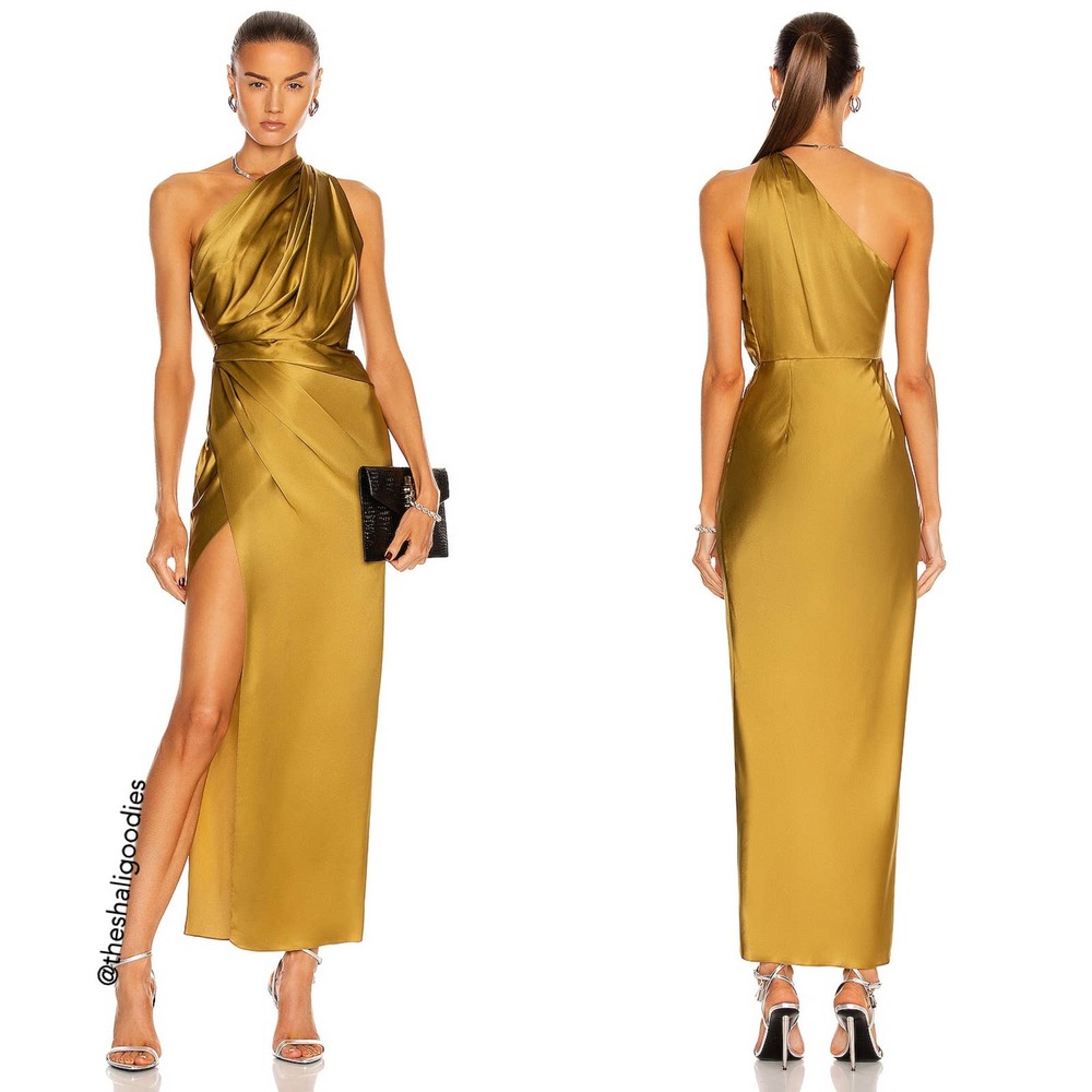 THE SEI Asymmetrical Drape Dress Yellow Silk Midi